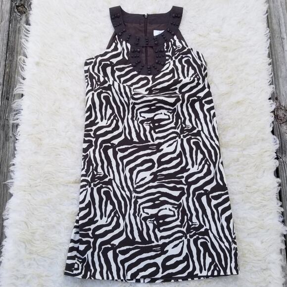Zebra Print Dress LOFT Size 0 Brown White Stretch Sleeveless Beaded Collar - Picture 9 of 9